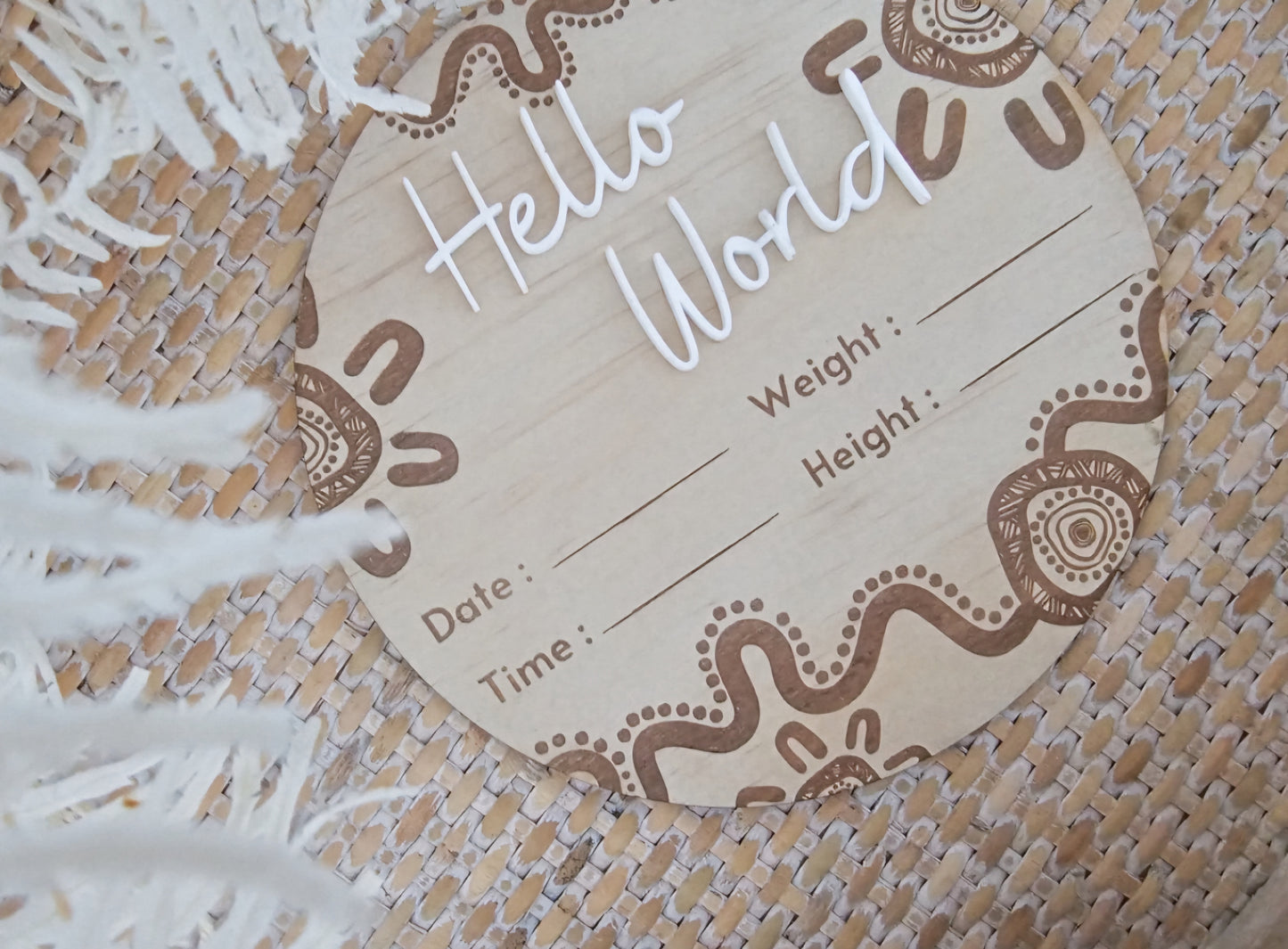 Hello World Announcement Plaque + Birth Details | White Acrylic Wording