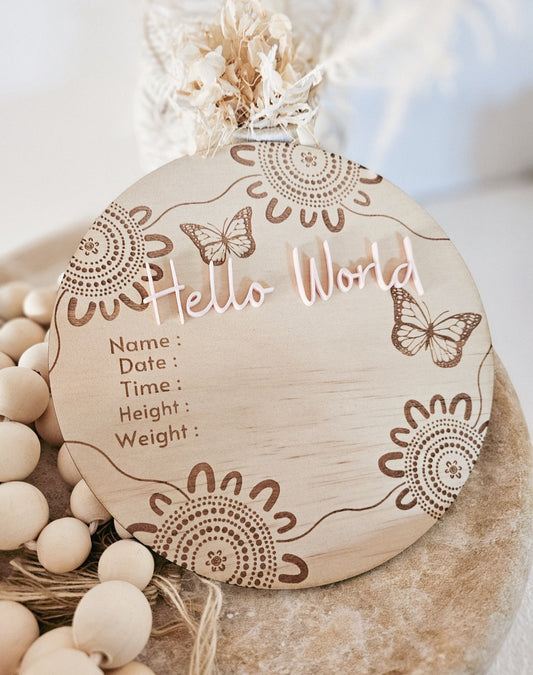 Aboriginal Butterfly Announcement Plaque + Details | Pink Acrylic Wording