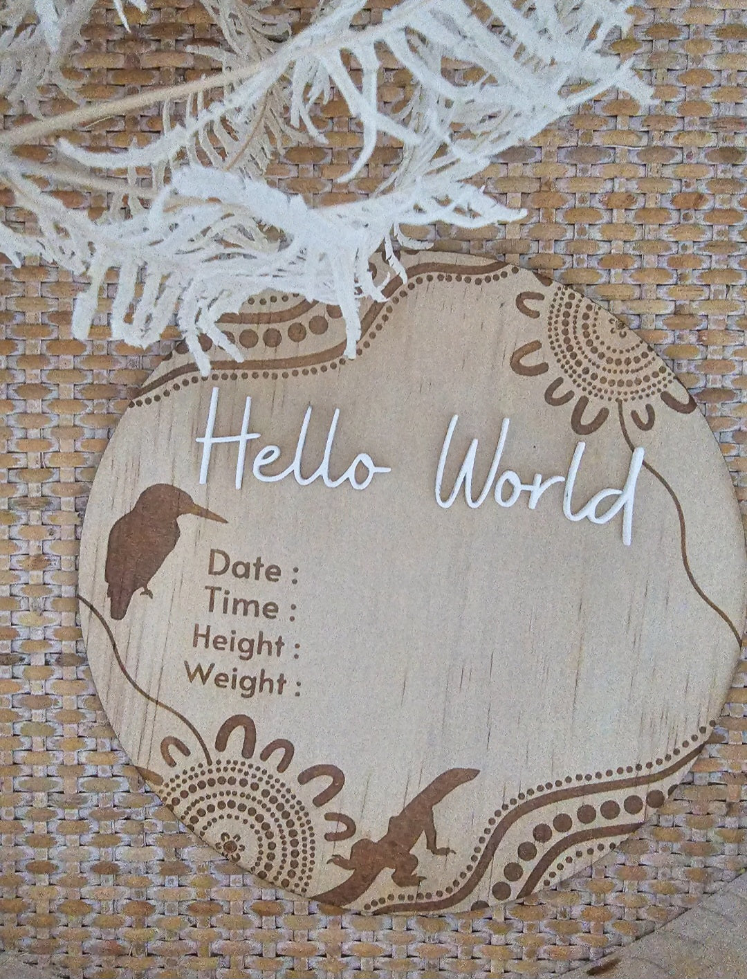 Hello World Announcement Plaque #2 + Birth Details | White Acrylic Wording