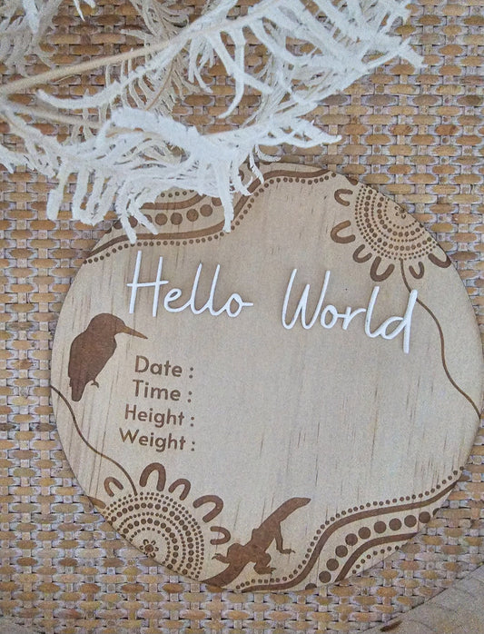 Hello World Announcement Plaque #2 + Birth Details | White Acrylic Wording