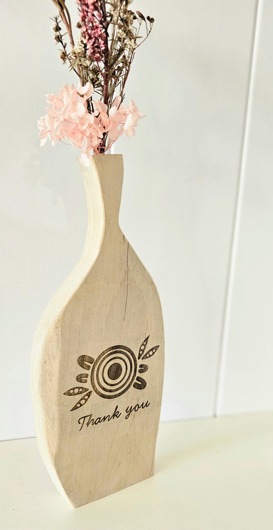 Thank you tall wooden vase + dried flowers